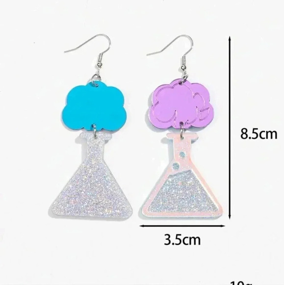 Women's silver sparkle dangle earrings Chemistry science teacher purple blue - Picture 6 of 7